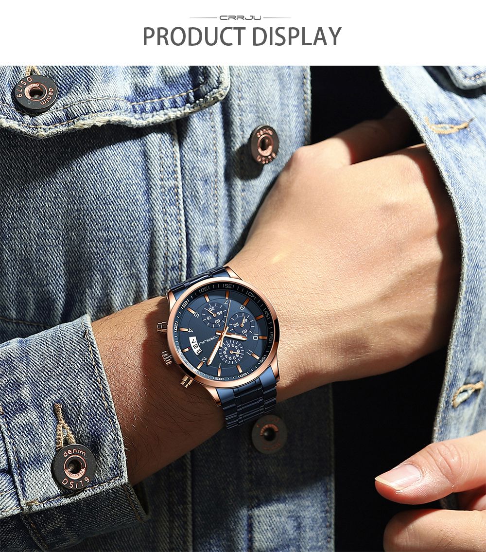CRRJU Men Quartz Wristwatches Luxury Brand Sporty Chronograph Watches with 316 Stainless Steel Luminous Hands Male Clock Red