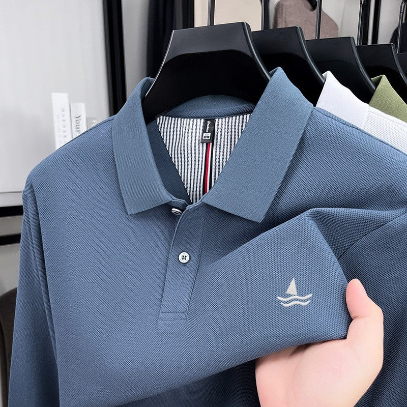 100% pure cotton spring and autumn fashionable men's collar striped long sleeved polo shirt brand sailboat embossed design casua