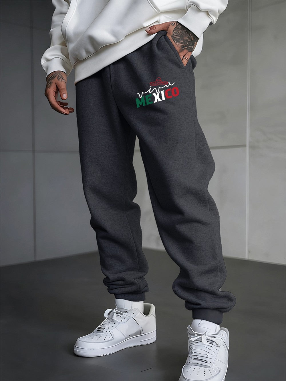 Mexico Creative Letter Prints Sweatpants Mens Casual Trousers Elastic Waist Loose Pocket Jogger Pants Autumn Fleece Warm Clothes