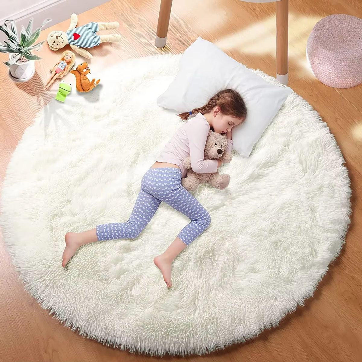 VIKAMA Ultra Soft Shaggy Round Rug Pad Fluffy White Carpet Living Room Home Decor Bedroom Kids Room Salon Thick Pile Carpet