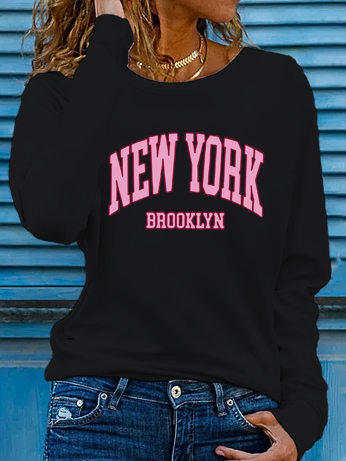 Women's autumn and winter 100% pure cotton fashionable casual Brooklyn New York printed loose round neck long sleeved T-shirt