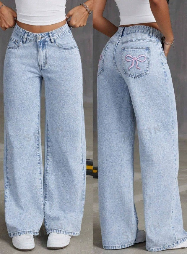 Bow Embroidered Jeans Women's Sweet Spicy Style High Waist Straight Leg Pants Loose Casual Wash High Street Denim Pants