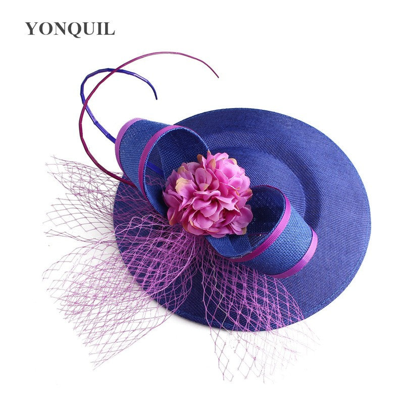 New Design Yellow With Purple Hair Fascinator Hat Headband Bridal Wedding Party Headpiece Mesh Ladies Occasion Hair Accessories