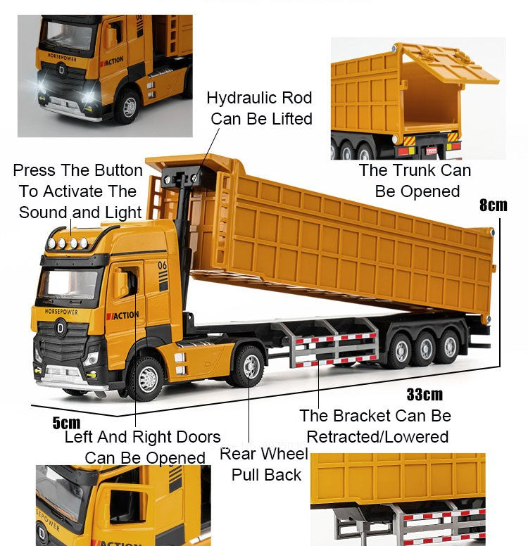 1:50 Miniature Trailer Dump Truck Cars Toys Model 3 Doors Opened Extended Engineering Vehicle Light Sound Car Boys Festival Gift