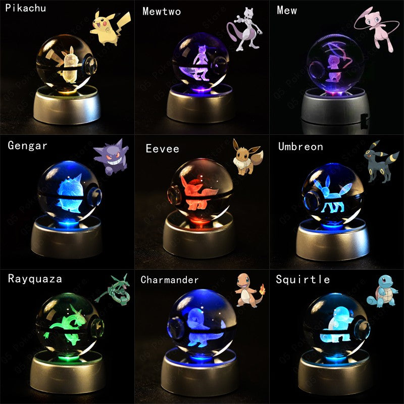 Pokemon Crystal Ball 3D Pikachu Mewtwo Mew Gengar Night Light Lamp Base Pokeball Crystal Pokemon Glass Ball Figure Birthday Gift