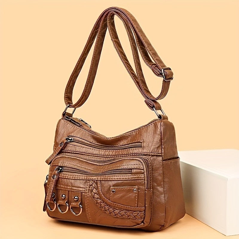 Vintage PU Crossbody Bag, Retro Multi Layer Shoulder Bag, Women's Fashion Handbag & Purse, Female Work Travel Messenger Bag