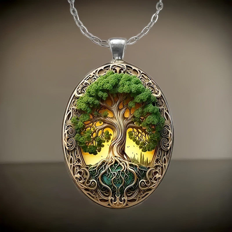 New Fashionable and Elegant Tree of Life Pattern Elliptical Glass Alloy Pendant Necklace Jewelry Wholesale