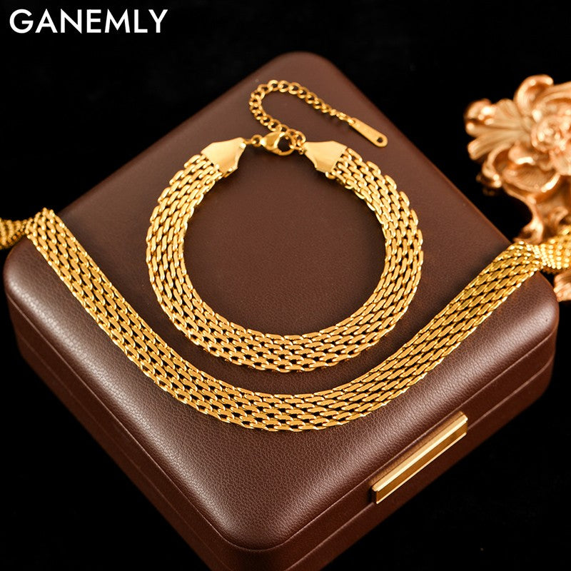 GANEMLY 316L Stainless Steel Metal Wide Chain Necklace Bracelets Waterproof Jewelry Set Gold Color Chain Charm Jewelry Set Gift