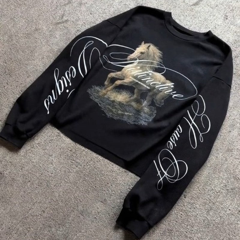 Y2K Harajuku Retro Long Sleeve Print Line Galloping Steed Round Neck Tops Trendy Daily Hip Hop Unisex Autumn Loose Streetwear