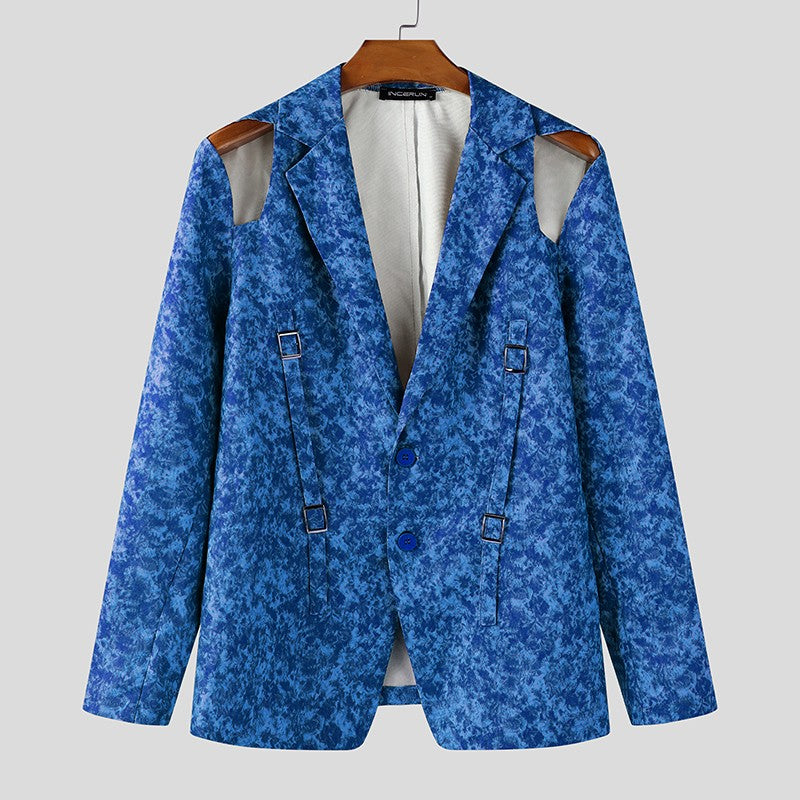 INCERUN Men Blazer Printing Hollow Out Lapel Long Sleeve Male Suit Streetwear Elegant Fashion Casual Thin Coats Men Blazer S-5XL