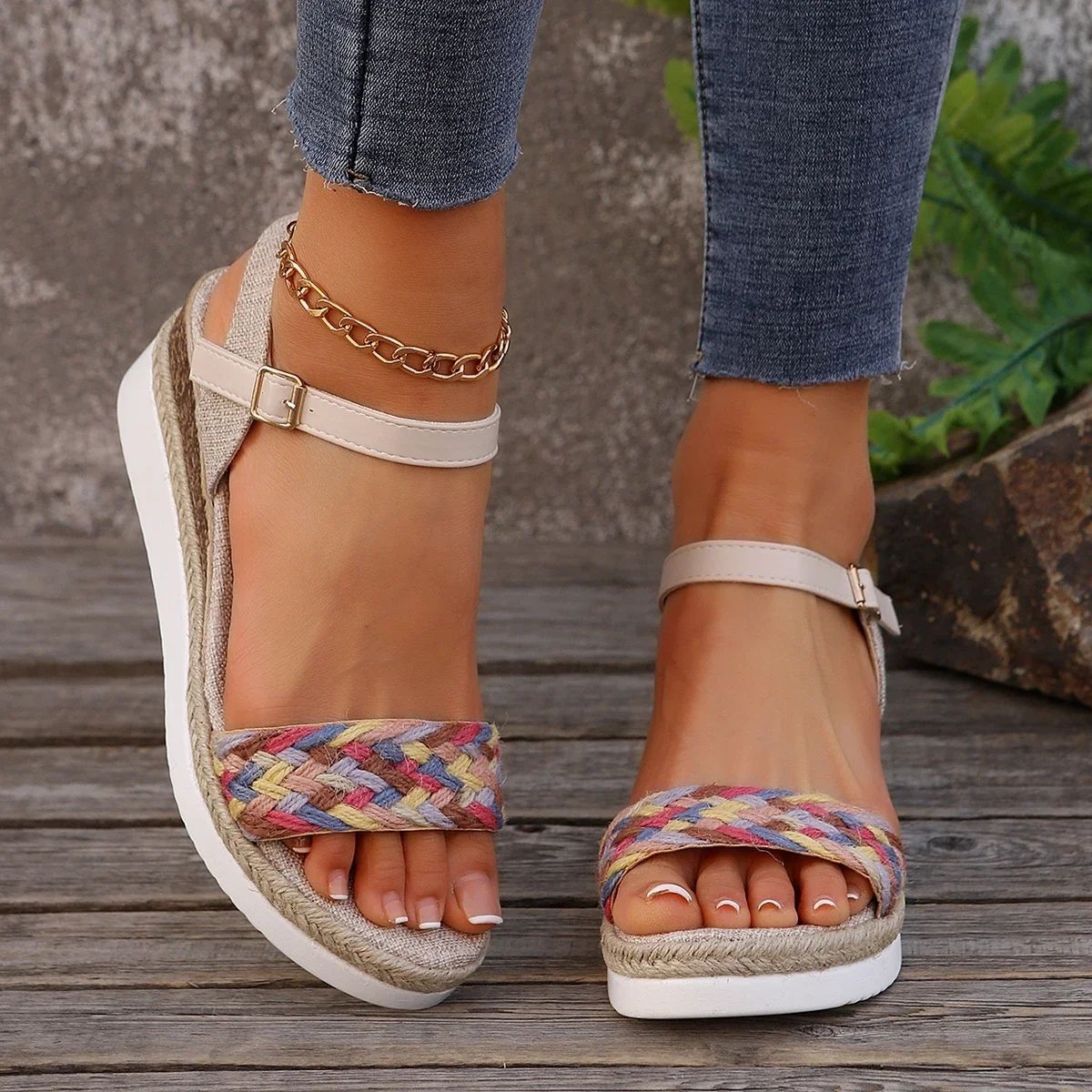 Summer Women's High Heel Sandals Heel Large Size Colorful Braided Rope Sandalias De Mujer Outdoor Versatile Zapatillas De Mujer