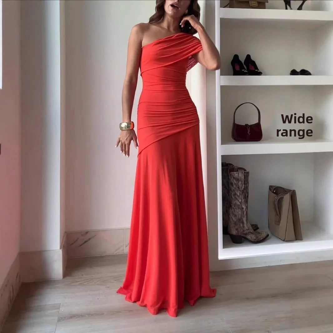 Pure Color Asymmetrical Collar Bared Back Bodycon Dress Cross-Border 2025 Women's Fashion Sleeveless Long Evening Gown