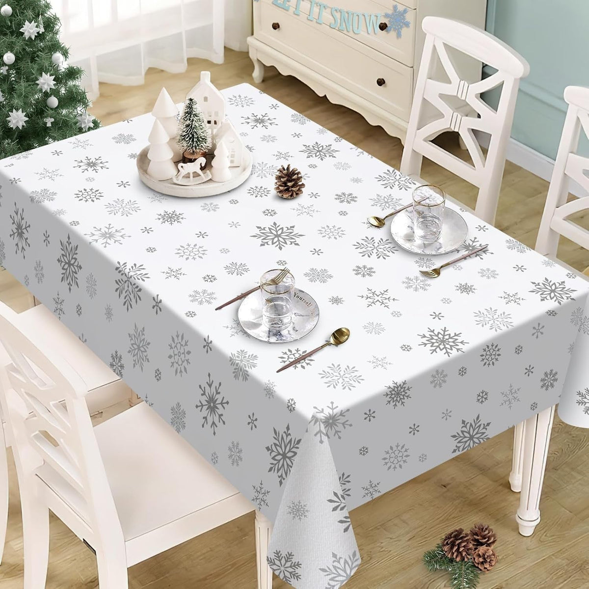 Christmas White Snowflake Waterproof Tablecloth Table Decor Winter Holiday Kitchen Dining Tablecloth Christmas Decorations