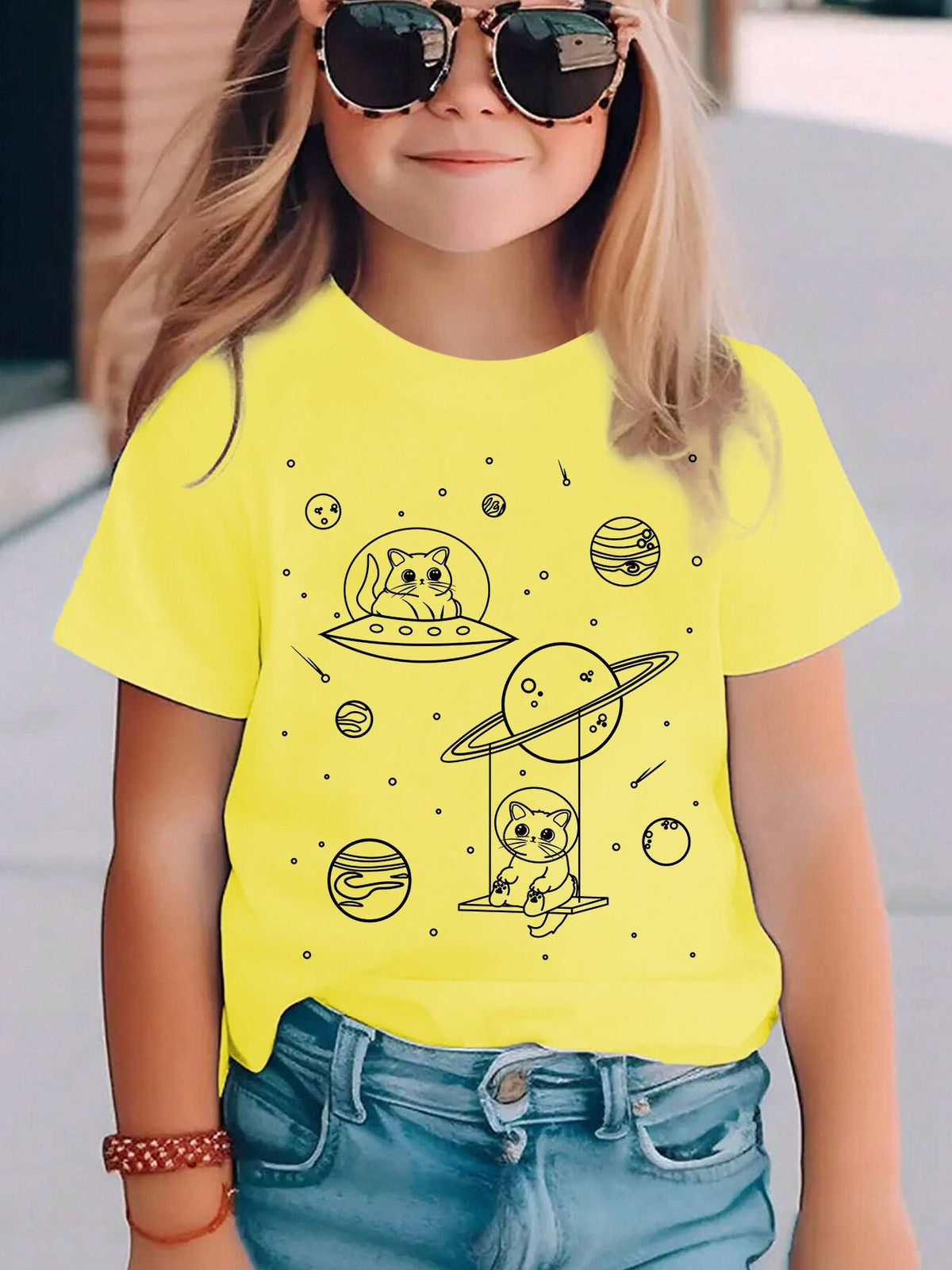 Space Cat Graphic T-Shirt for Children Girls Boys Fashion Casual Tops Space Girl Boy Tshirt Cute Cat Kids Wear Outfit Clothes