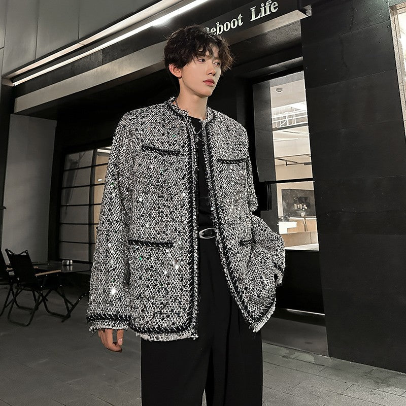 Korean Fashion Shiny Sequin Jacket Sliver Round Collar Long Sleeve Jackets Coats Autumn New Ladies Gentleman High Street