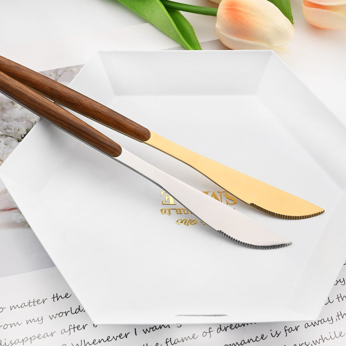 Drmfiy 24Pcs Brown Silver Dinnerware Stainless Steel Imitation Wooden Handle Silverware Knife Spoon Fork Cutlery Set Tableware