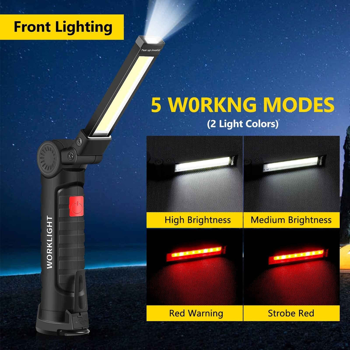 USB Rechargeable Camping LED Flashlight Work Light Magnet and Hook Waterproof Lighting Mode Suitable for Night Work