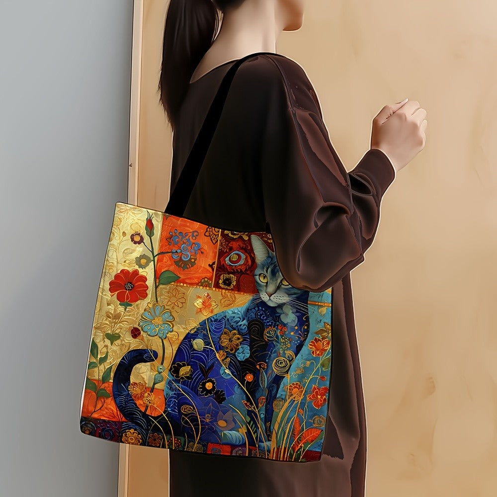 1pc Abstract Cat Tote Bag Cute Quirky Small Animal Shoulder Bag Printed Linen Eco Handbag Shopping Office Reusable Casual Bags