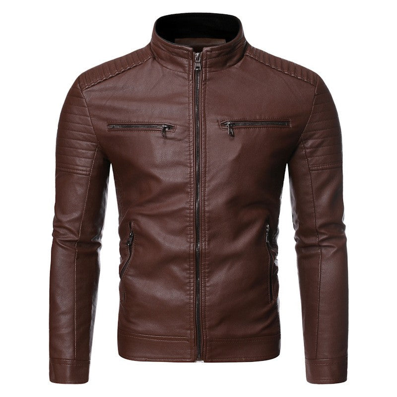 Men's leather jacket 2025 new spring and autumn thin style stand collar striped PU leather jacket motorcycle leather jacket