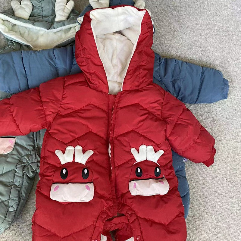 Demin-season Winter Kids Boys Rompers 2025 Cartoon Pockets Hooded Bodysuit For 0-3Y Newborn Infant Babys Boys One-piece Jumpsuit