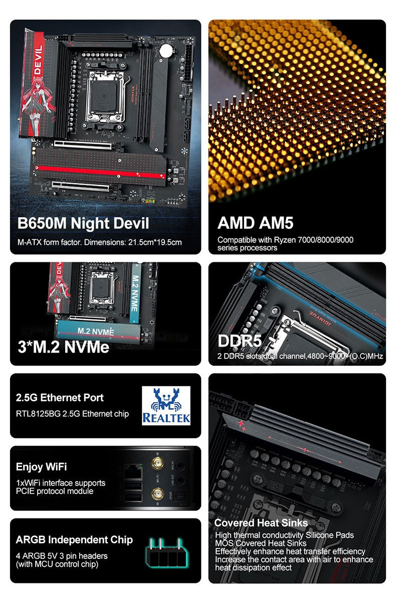 AM5 Motherboard DDR5 96GB GAMING AMD B650 Chipset WiFi 6 PCIe 4.0 3x M.2 USB 3.2 Type-C 9000MHz for AMD Ryzen 7 9700X, Mirco ATX