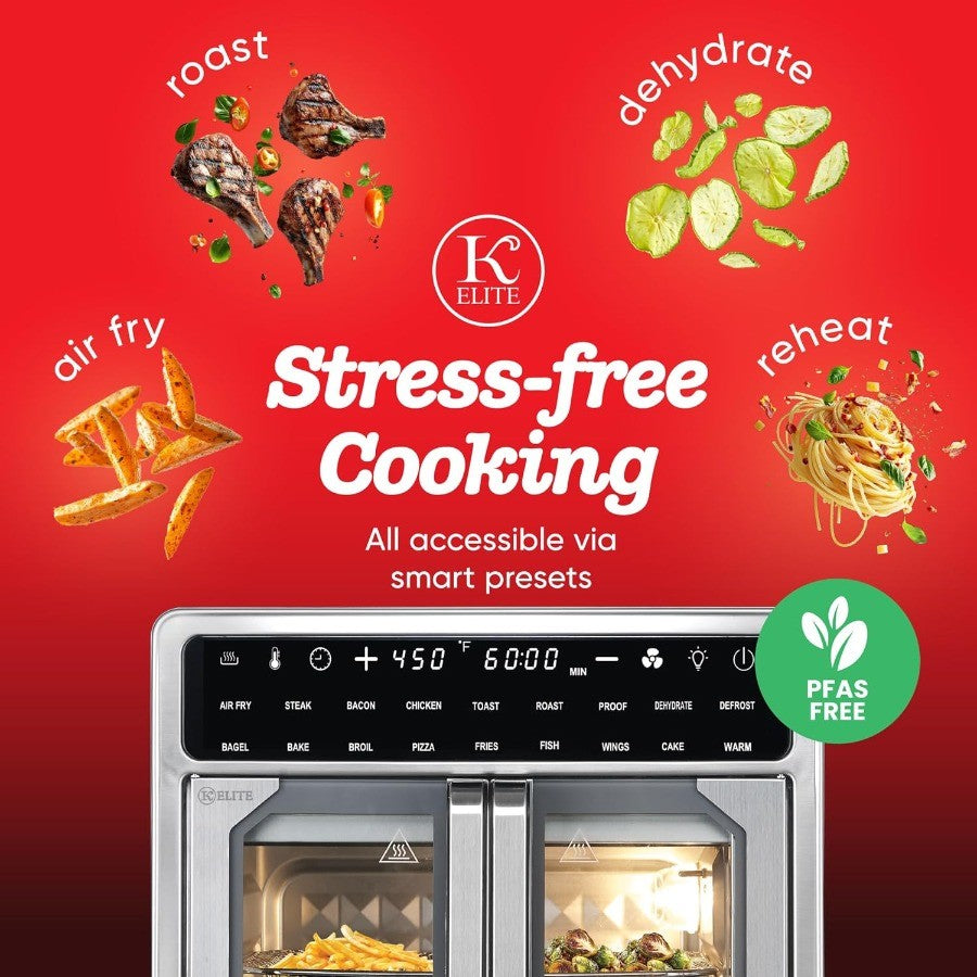 16 Quart French Door Air Fryer Oven Family Size Countertop Convection Cooker with LED Display Stainless Steel for Large Batch C