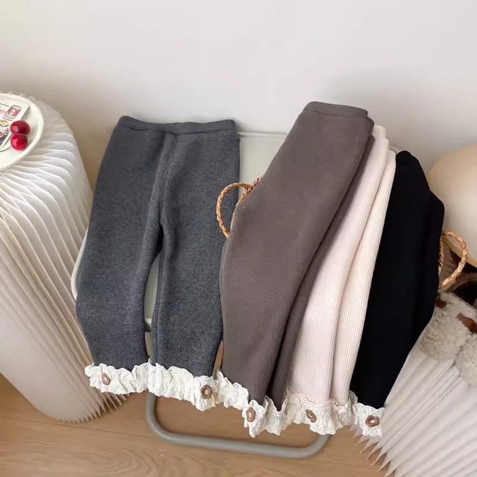 Girls Fleece Lined Leggings Children Fashion Lace Trim Slim Fit Thermal Pants Kids Winter Warm Outwear Casual Clothes