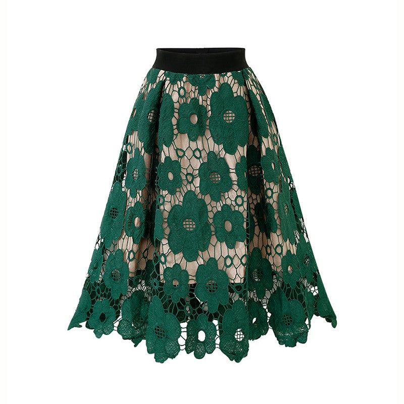 Summer Boho Lace Skirts Women Vintage Mesh Hollow Out Plus Size Skirt Elastic Waist Elegant A-Line Midi Saias Black Red Green