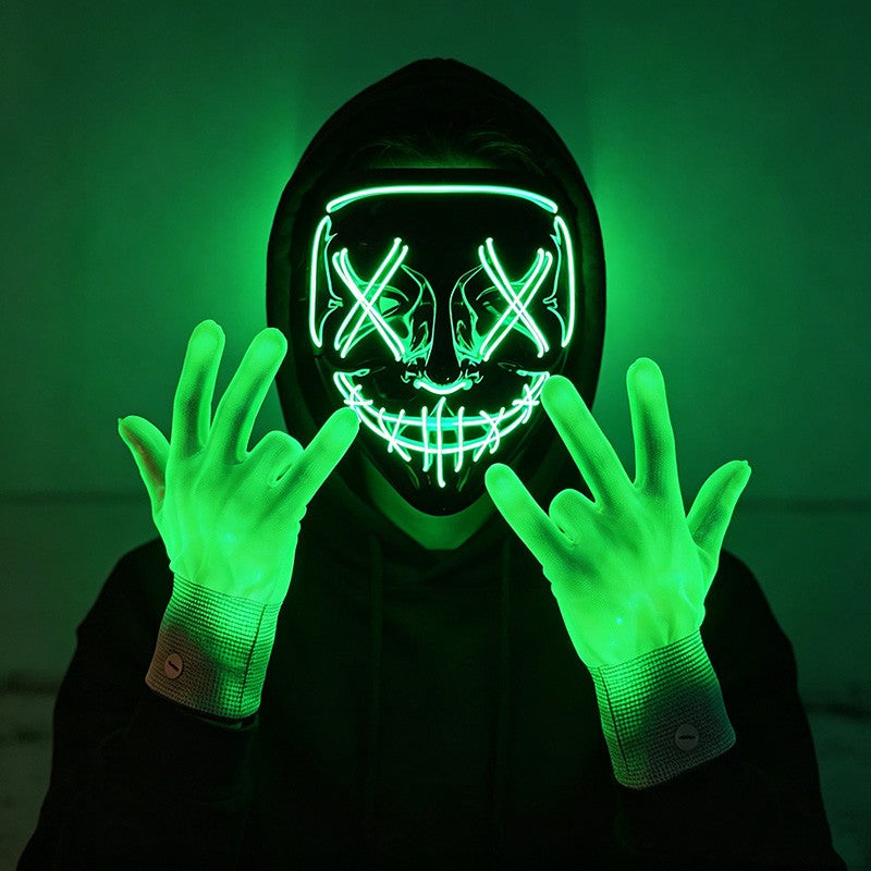 Wireless LED Neon Purge Mask & Fiber Optic Gloves, Scary Glow In Dark Mask for Halloween Carnival Cosplay Bar Birthday Party