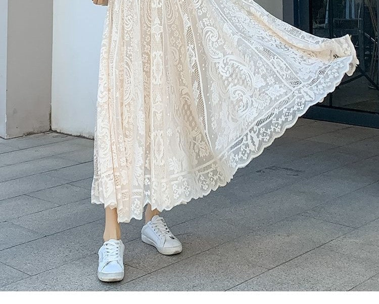 Plus Size plus Size Lace Hollow out f Skirt mid Waist Long Sle Fairy Skirt A-Line Umbrella Skirt Trendy Women's Clothing