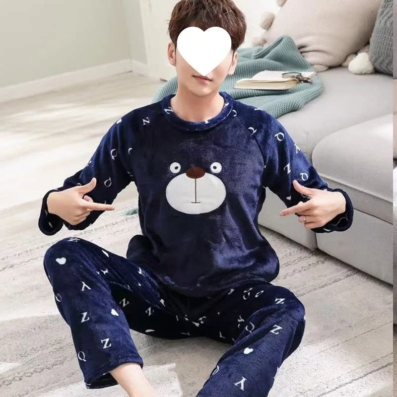 Thickened Flannel Sleepwear Set for Men Winter Home Clothes Coral Fleece Lined Autumn Winter Style Overhead Mens Nightgown