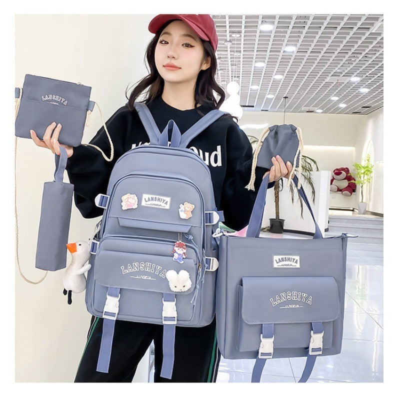 5-piece Set of Free Pendants Forest Style Korean Version Casual Harajuku Student Backpack for High School Girls Large Capacity