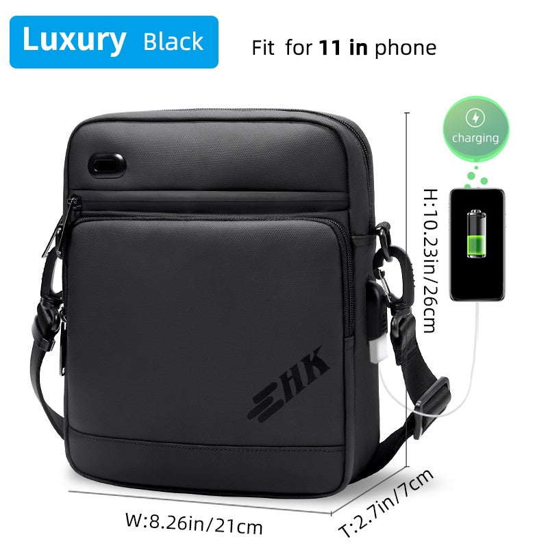 HK Casual Men's Shoulder Bag Large Crossbody Bag USB Charging Travel Sports Chest Bags Waterproof Sling Pack With Headphone Jack