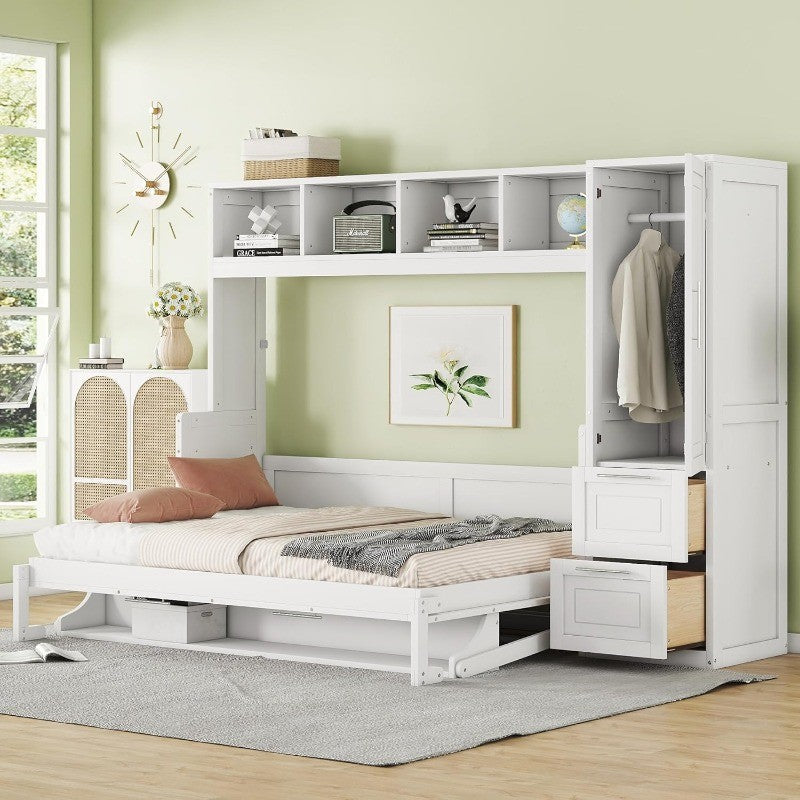 Full Murphy Bed with Storage Cabinets, Space Saving White