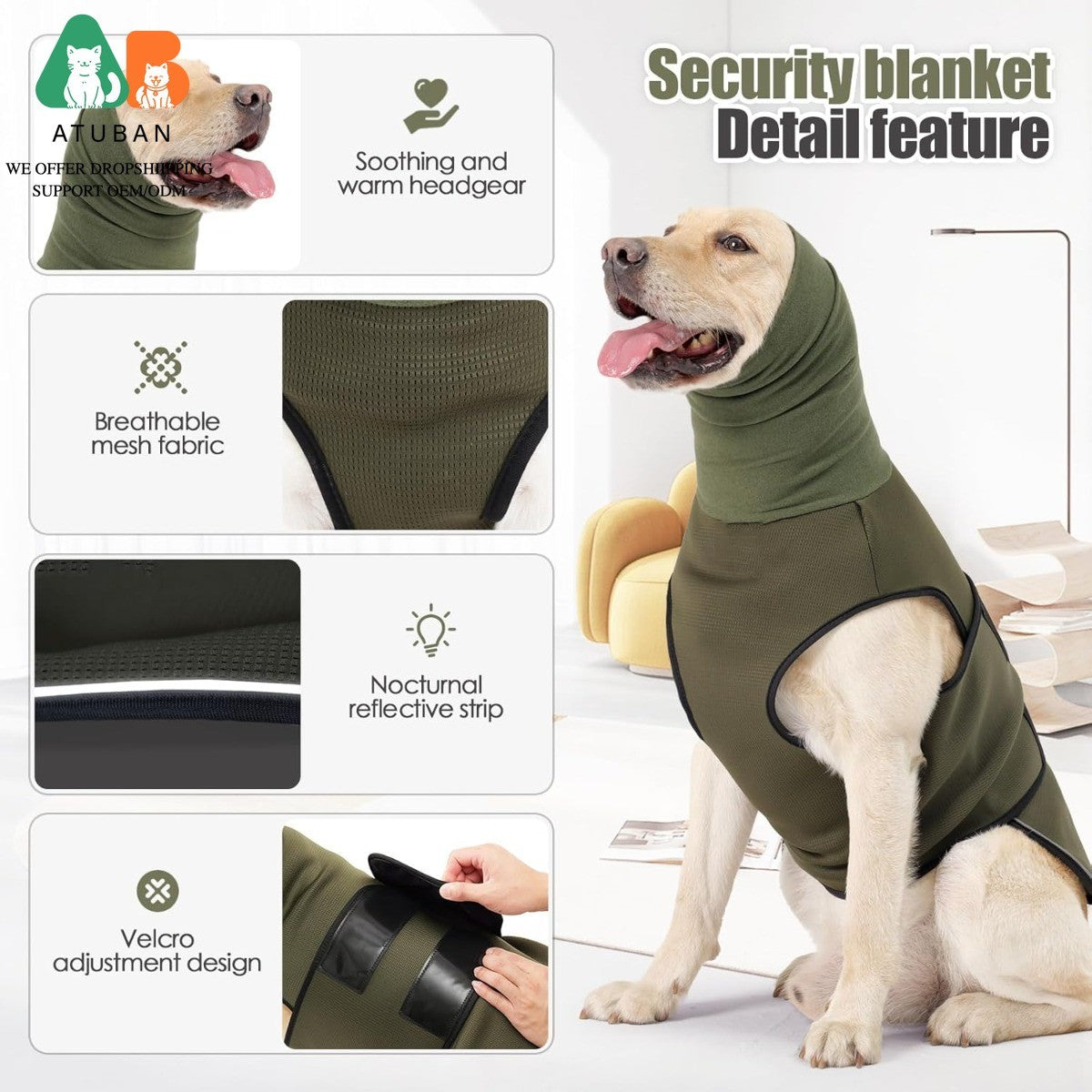 ATUBAN Dog Anxiety Vest Coat,Vet Visits and Separation-Keep Pet Calm,Dog Jacket for Thunder,Anti Anxiety Vest for Dogs and Cat