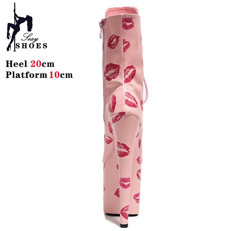 17cm 20cm Sexy Women Ankle Boots Zip Up Platform Red lip Print Block High Heels Peep Toe Short Boots Ladies Girls Party Shoes