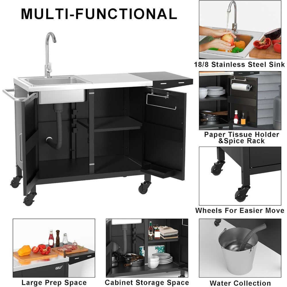 outdoor grill table with sink,metal grill cart, outdoor kitchen island with stainless steel sink,l57*w21.65