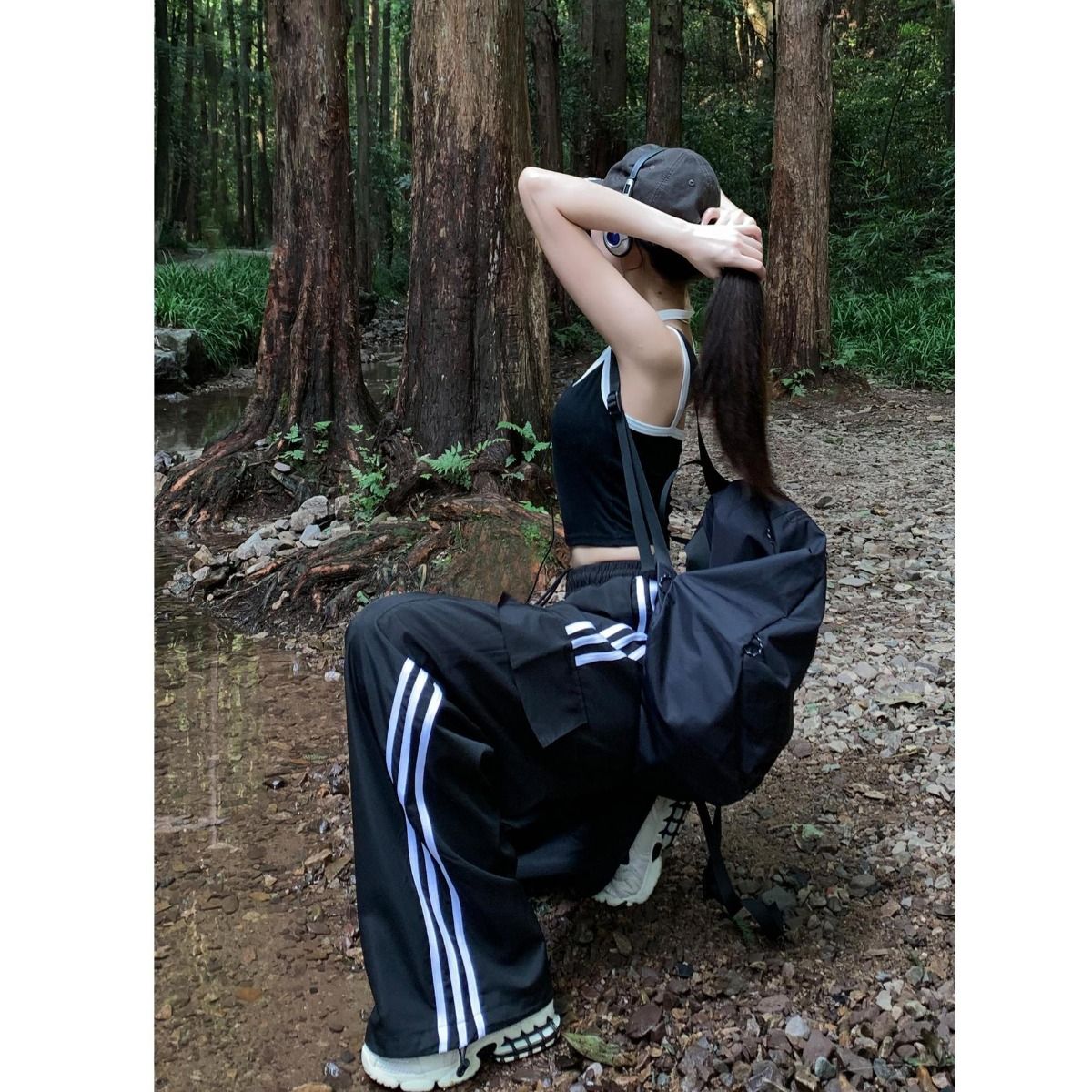 Women Casual Baggy Stripe Cargo Pants Solid Low Waist Joggers Pants Drawstring Wide Leg Baggy Trousers Y2K Streetwear Sweatpants