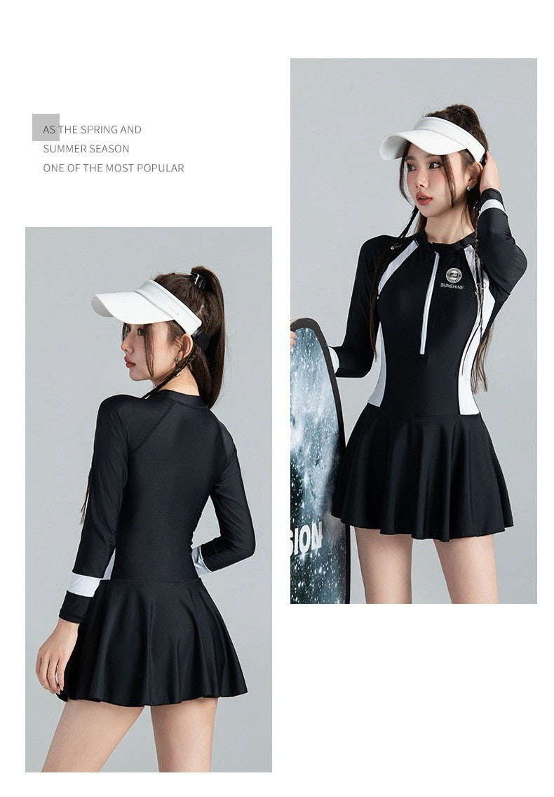Black and White Color Matching One-piece Sports Small Chest Gathered To Cover The Belly Weight Swimming Sun Protection Swimsuit
