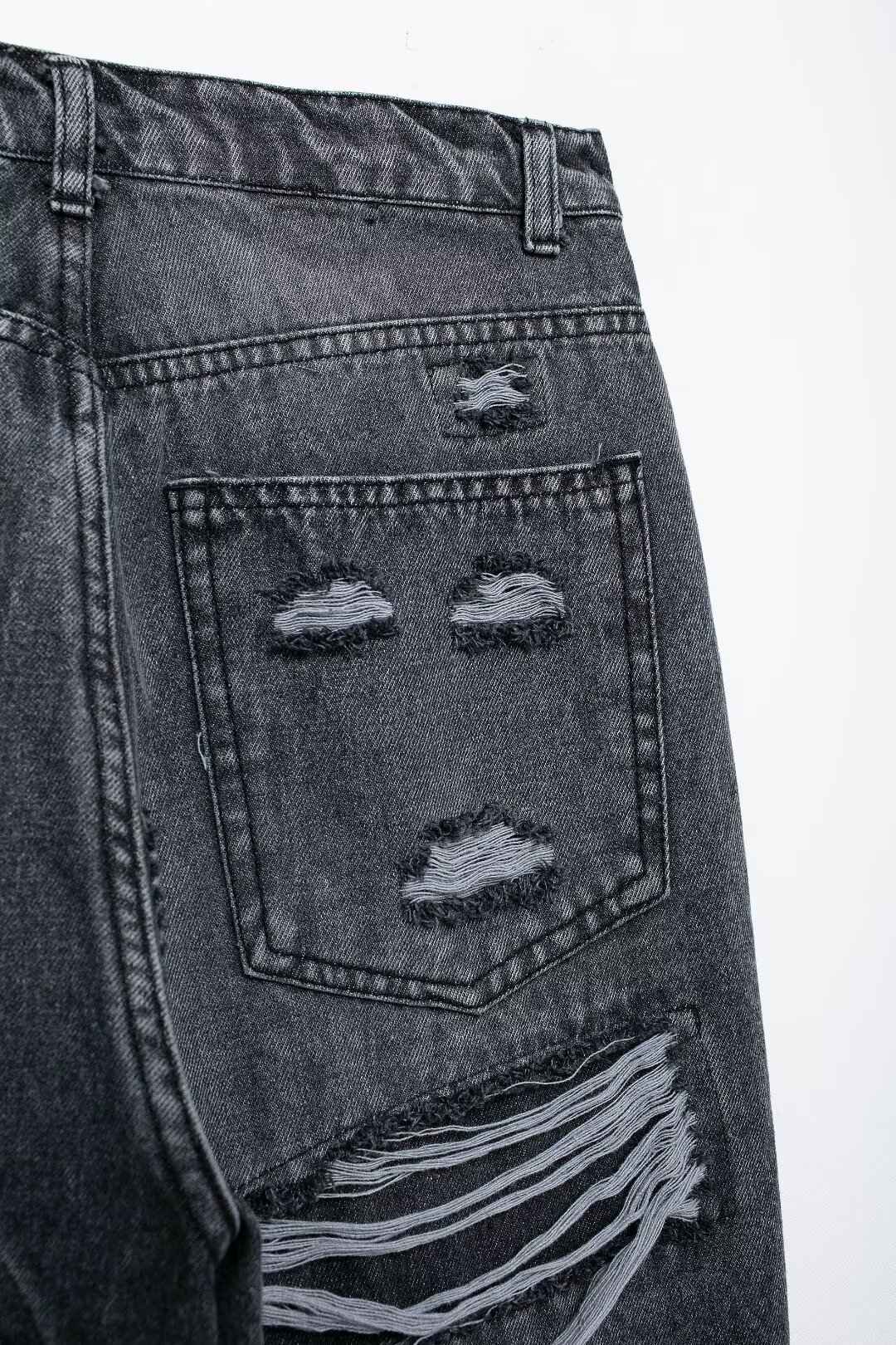 HH 2024 Women's Street Fashion Denim Blue Jeans Distressed Patchwork High Waist Zipper Fly Ripped Retro Long Pants