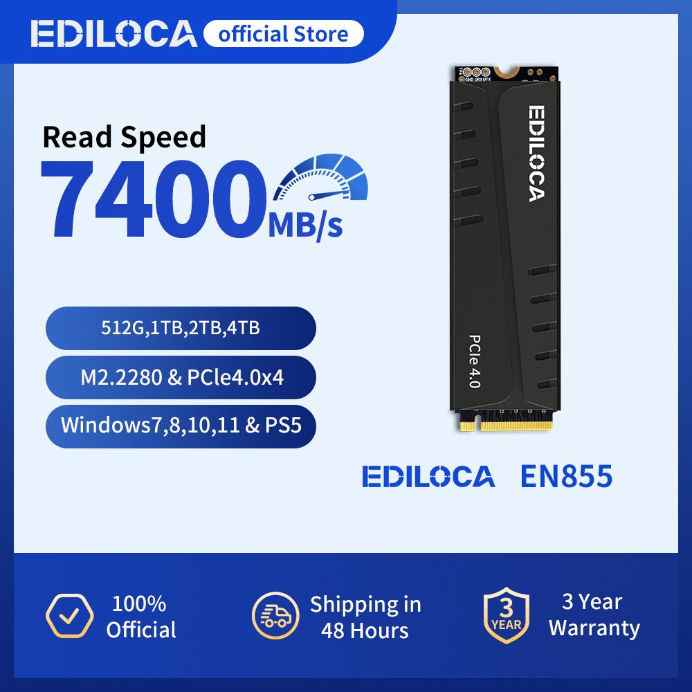Ediloca EN855 SSD with Heatsink 7400MB/s PCIe Gen4.0 NVMe M.2 Gaming SSD Internal Solid State Drive for PS5 & PC