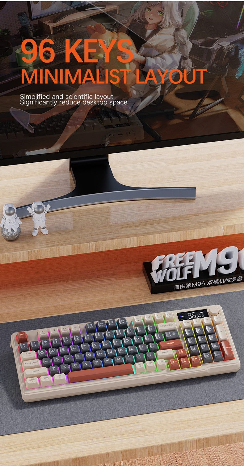 FreeWolf M96 Wireless Keyboard with Screen,Gaming Keyboard Bluetooth Dual-Mode Connection,Multi-Device Linking,Ergonomic