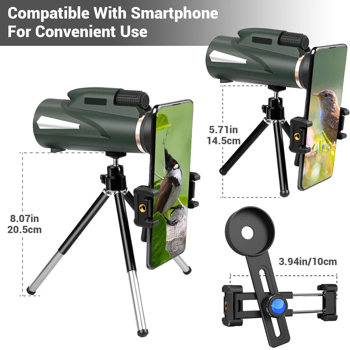 10X monocular telescope, paired with a phone tripod and fixture, used for outdoor bird watching, hiking, camping, traveling, lea