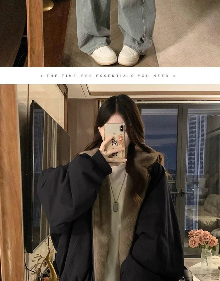 American Retro Reversible Velvet Zipper Hooded Jacket Women Winter Fashion Street Thick Loose Warm Harajuku Casual Plush Jacket