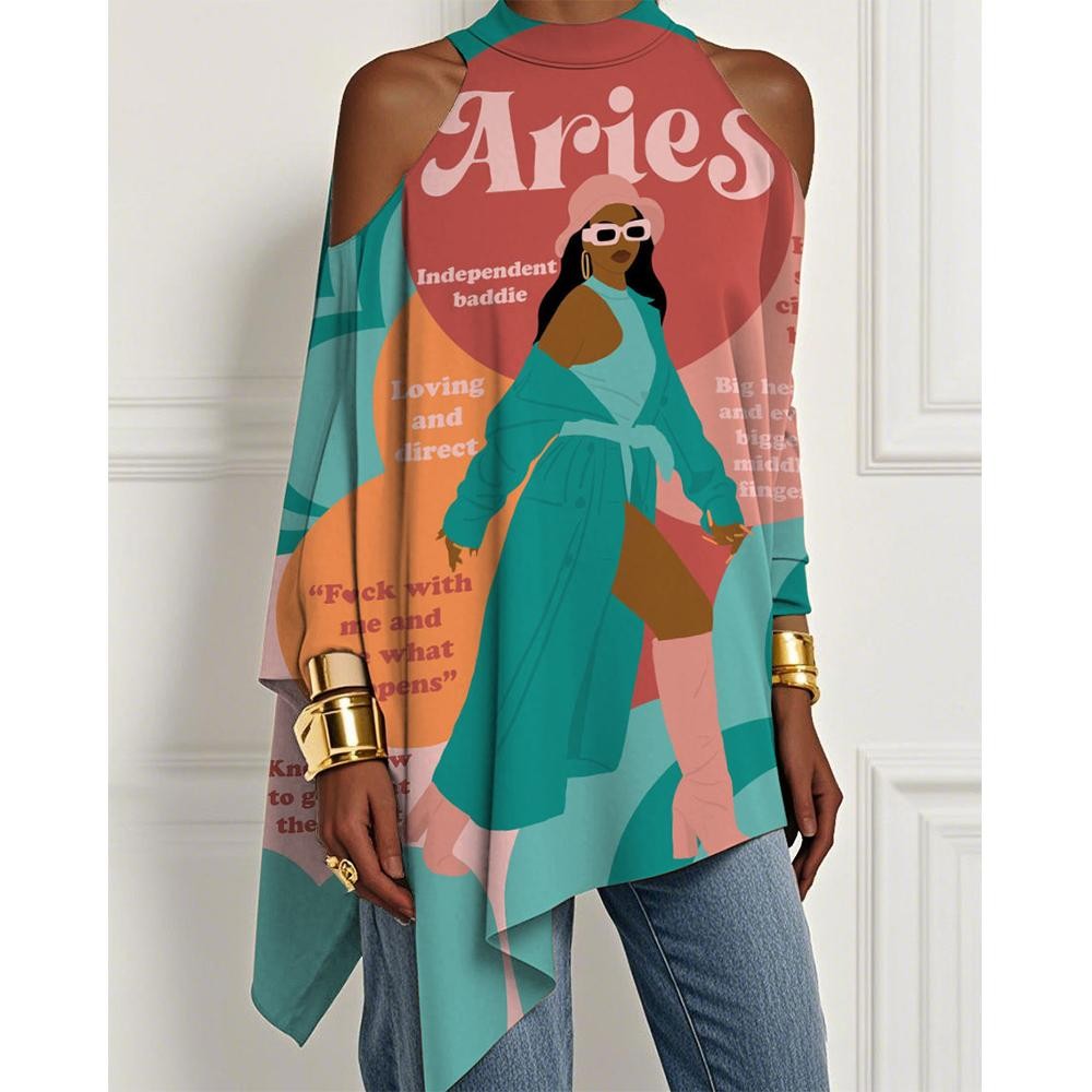 European And American Trendy Printed Off-the-shoulder Skirt Irregular Hem Design Dress Fashionable Loose Long-sleeved T-shirt