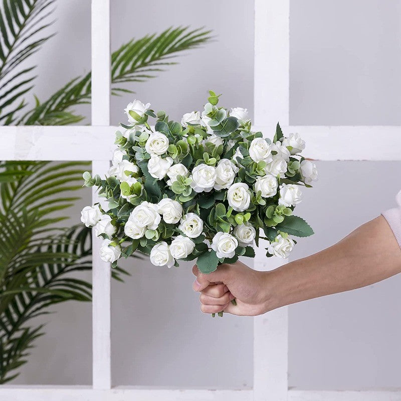 10 Heads pink Artificial Silk Rose Flowers Fake White Eucalyptus Peony Flower Bouquet, for Home Wedding Party Garden Decoration