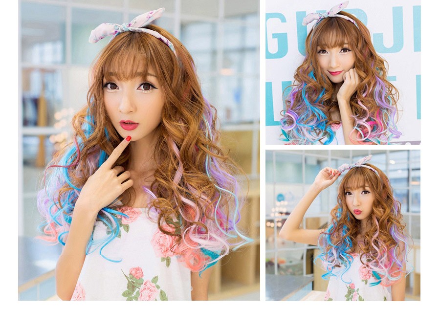 Synthetic Rainbow Wavy Hair Extensions Long Hair Extensions One Single Clip In Wigs Colorful Synthetic Fiber False Fake Hair 20";;VERDADEIRO;;"Q33,20inches