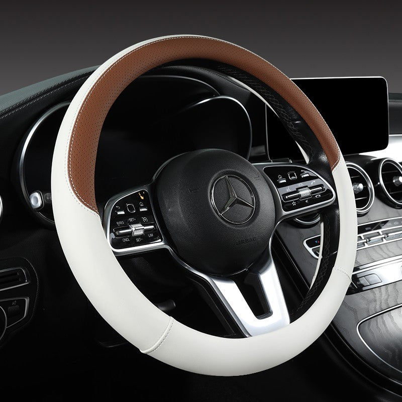 Perforated Nappa Leather Car Steering Wheel Cover Warm in Winter and Cool in Summer, Universal 15 Inch, Anti-Slip, Odorless