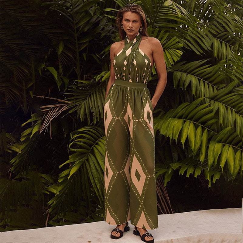 Women Bikini Push Up Swimsuit Halter Neck Geometric Pattern Print One Piece Swimsuit Backless Summer Swimwear Bathing Suit
