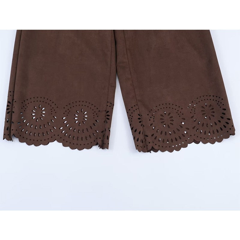 Die-Cut Hem Faux Suede Wide Leg Pants For Women Vintage Brown High Waist With Pockets Casual Loose Trousers